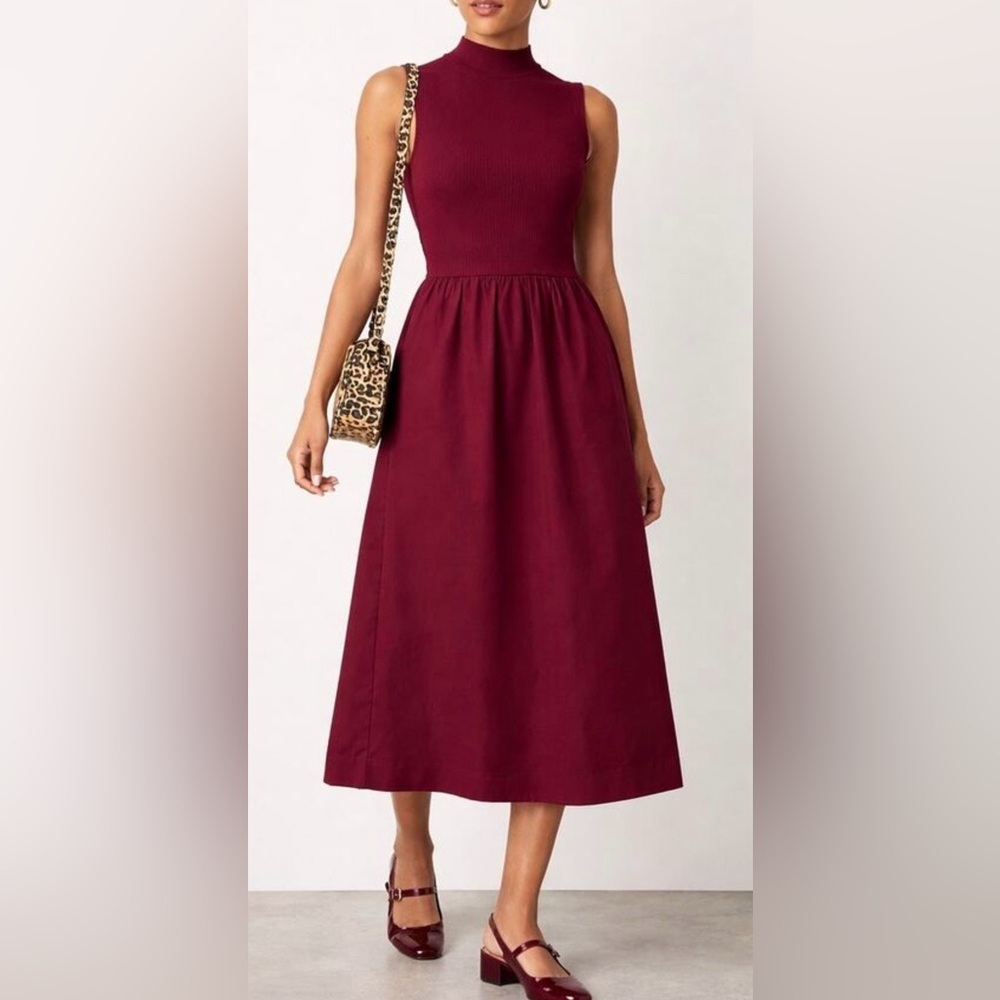 J.Crew Factory Mockneck Mixed-Media Midi Dress Burgundy | XS | NWT